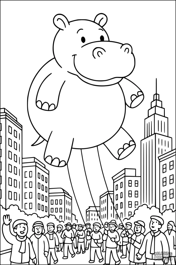 Coloring page featuring a giant hippopotamus balloon floating above a city parade with buildings and people