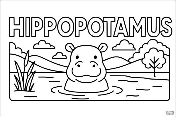 Coloring page of a smiling hippopotamus in a river with grass, trees, mountains, and clouds for kids