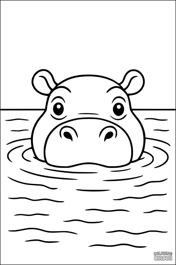 Coloring page shows a cartoon hippopotamus peeking above water in a river with simple waves.