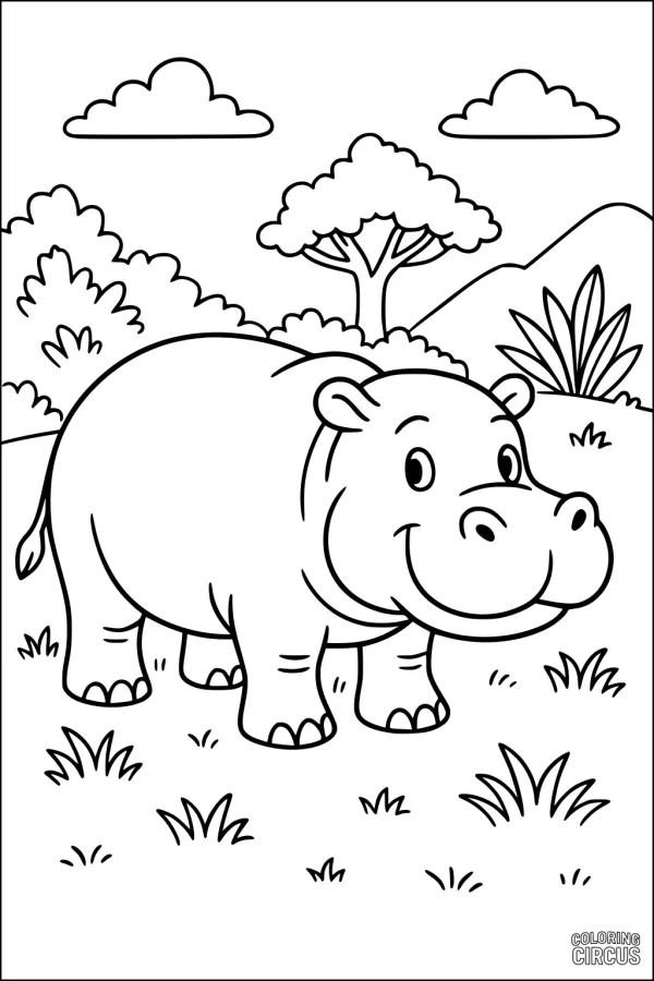 Coloring page hippopotamus cartoon standing in a grassy landscape with trees, bushes, and clouds