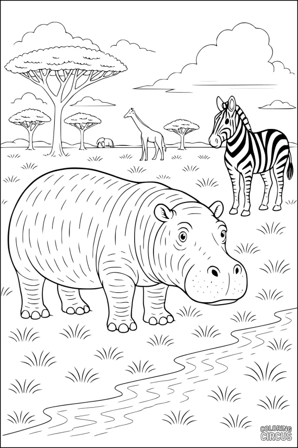 Coloring page showing a hippopotamus with zebra, giraffe, and trees in a savanna scene