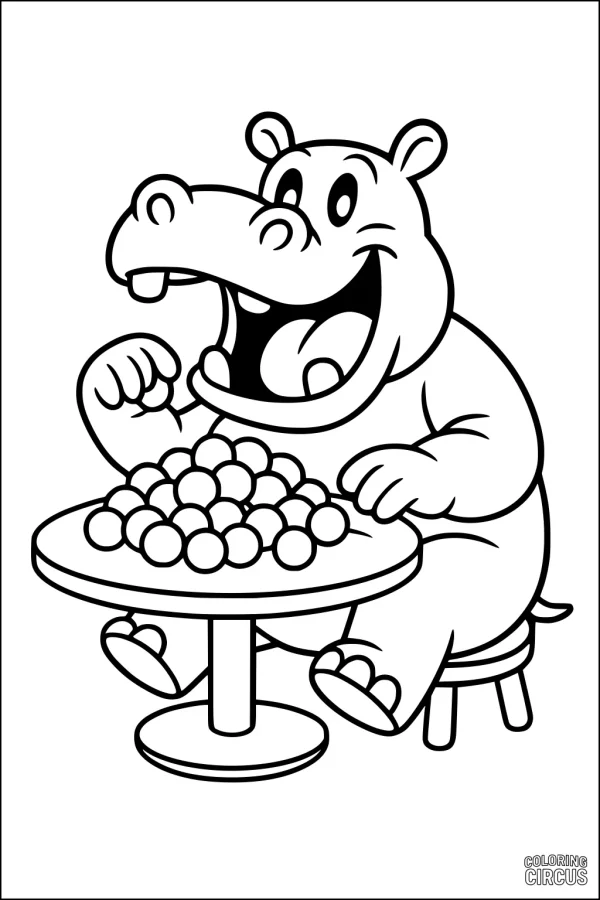 Coloring page with cartoon hippopotamus eating round snacks at a table