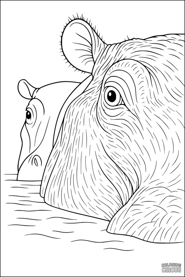 Coloring page showing two hippopotamuses partially submerged in river water, close-up