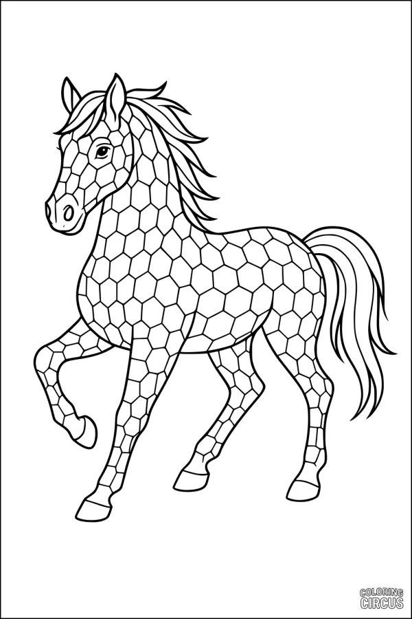 Coloring page of a prancing horse with a honeycomb pattern body