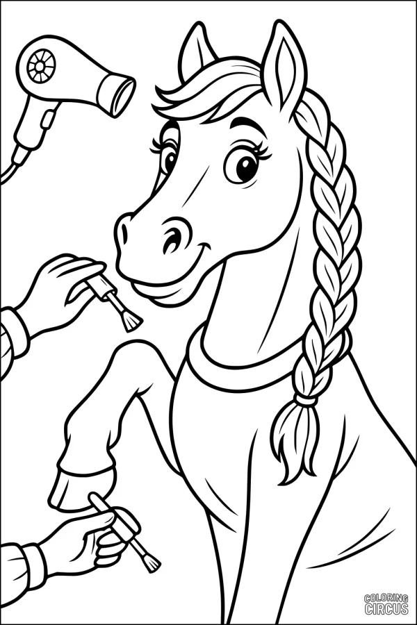 Coloring page of a happy horse with braided mane at a beauty salon being brushed and blow-dried