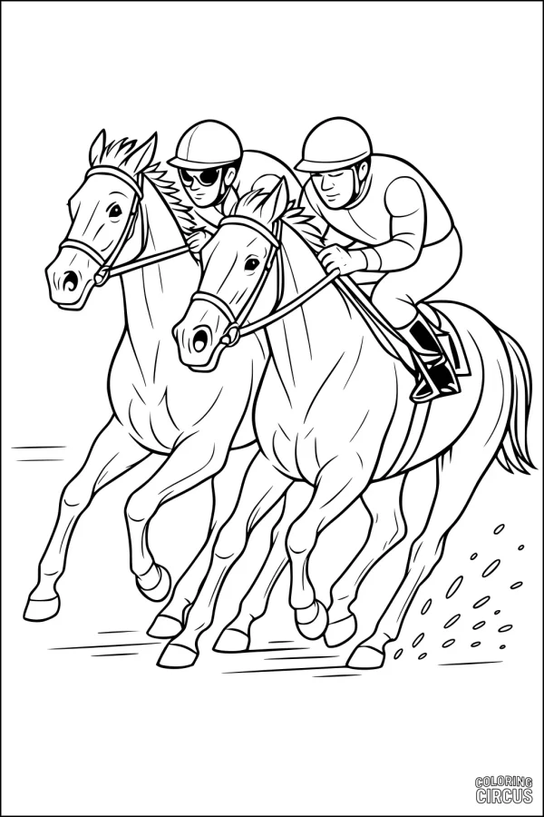 Coloring page showing two horses racing side by side with jockeys