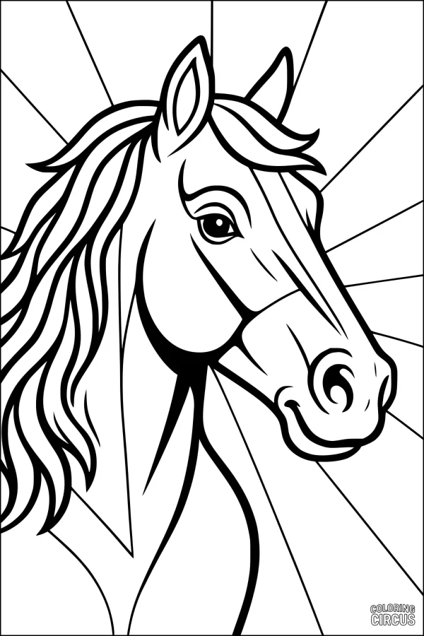Coloring page of a horse's head with a wavy mane and sunbeams in the background for kids