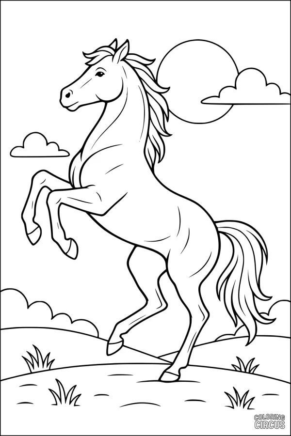 Coloring page of a rearing horse on a hill with sun, clouds, and grass