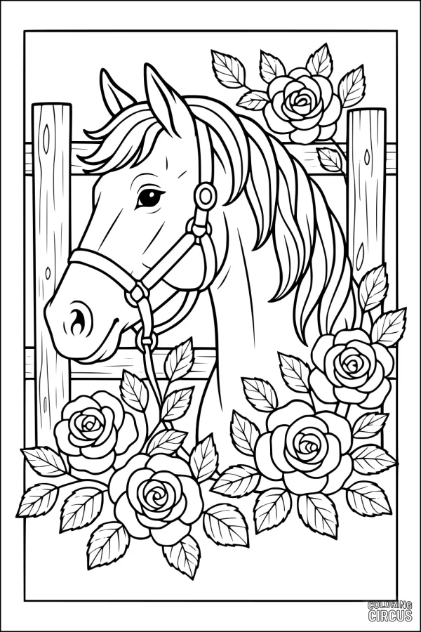 Coloring page featuring a horse with roses and leaves by a wooden fence