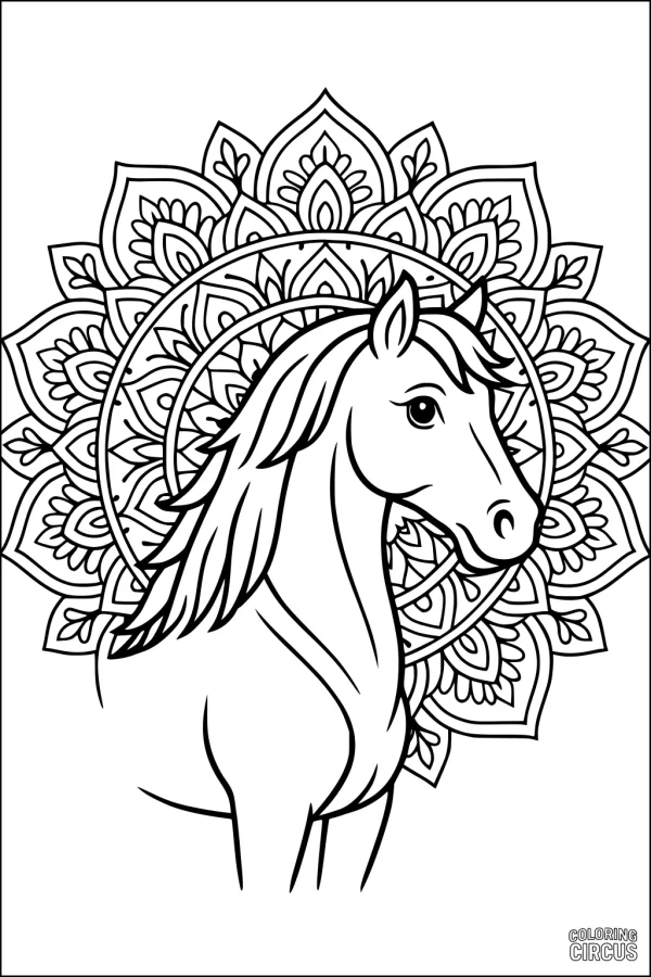Coloring page featuring a horse head with a detailed mandala background