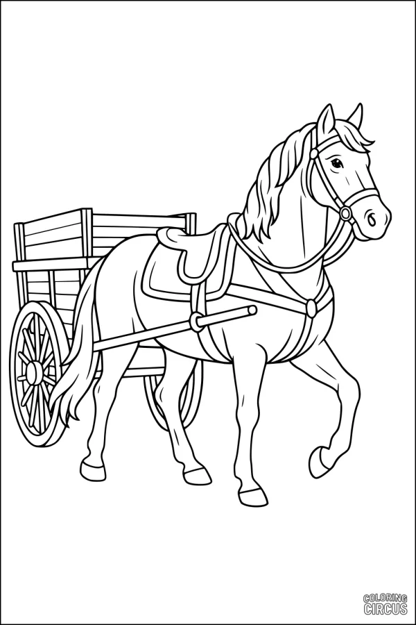 Coloring page of a horse pulling a wooden cart, suitable for children