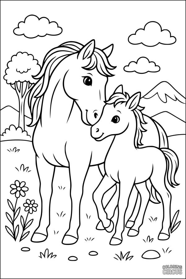 Coloring page showing a mother horse and foal in a meadow with flowers, trees, clouds, and mountains in the background