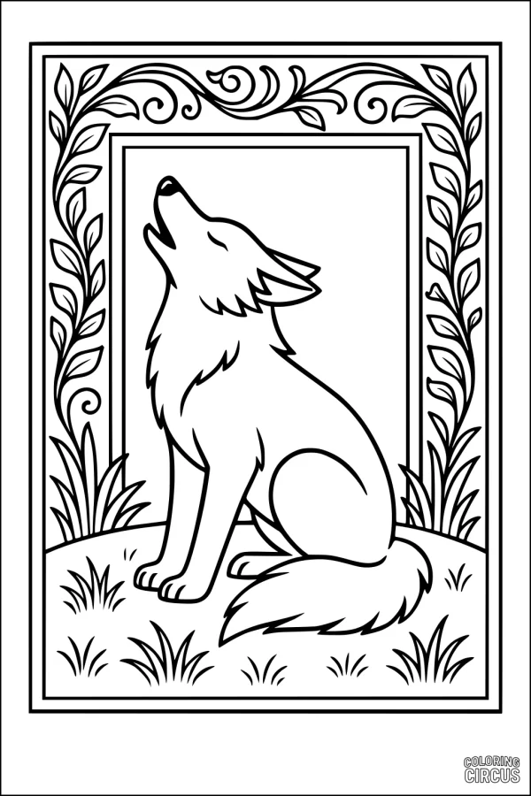 Coloring page featuring a coyote howling in a meadow with a decorative leafy border