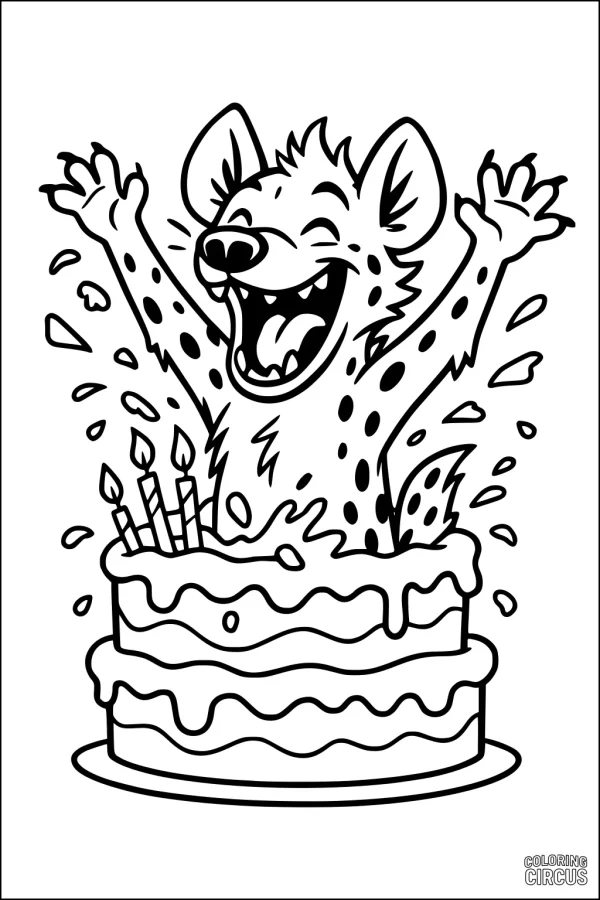 Coloring page of a cartoon hyena jumping out of a cake with candles and splashes of icing