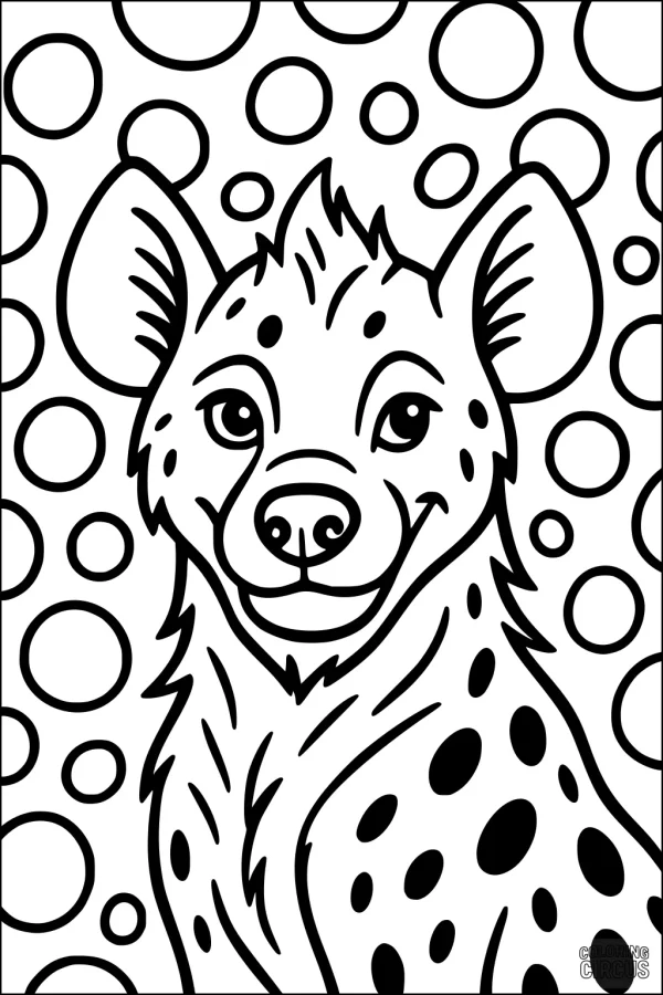 Coloring page featuring a cheerful cartoon hyena with spots, surrounded by playful bubbles background