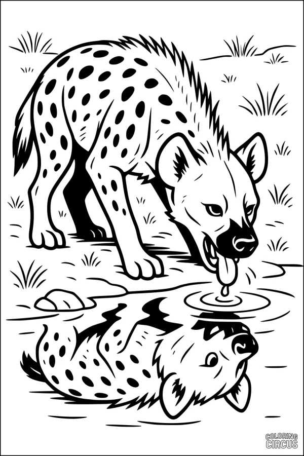 Coloring page showing a spotted hyena drinking water with its reflection visible in the pond