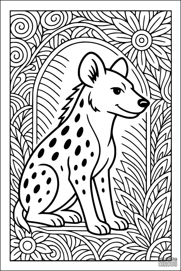 Coloring page of a smiling hyena sitting in a decorative floral and leaf background, suitable for children.