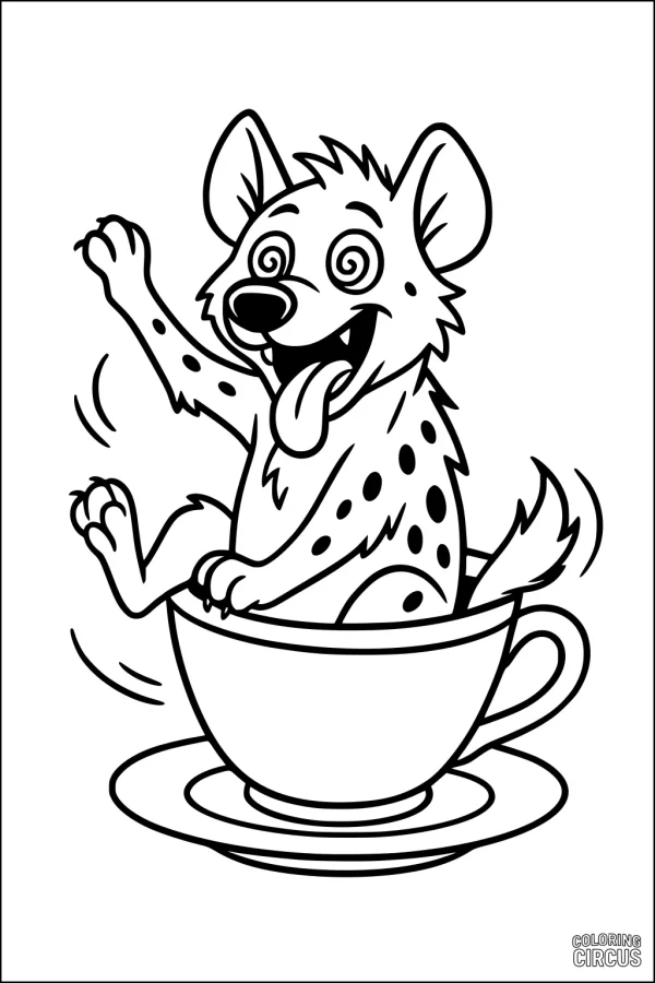 Coloring page showing a cartoon hyena spinning in a teacup for children