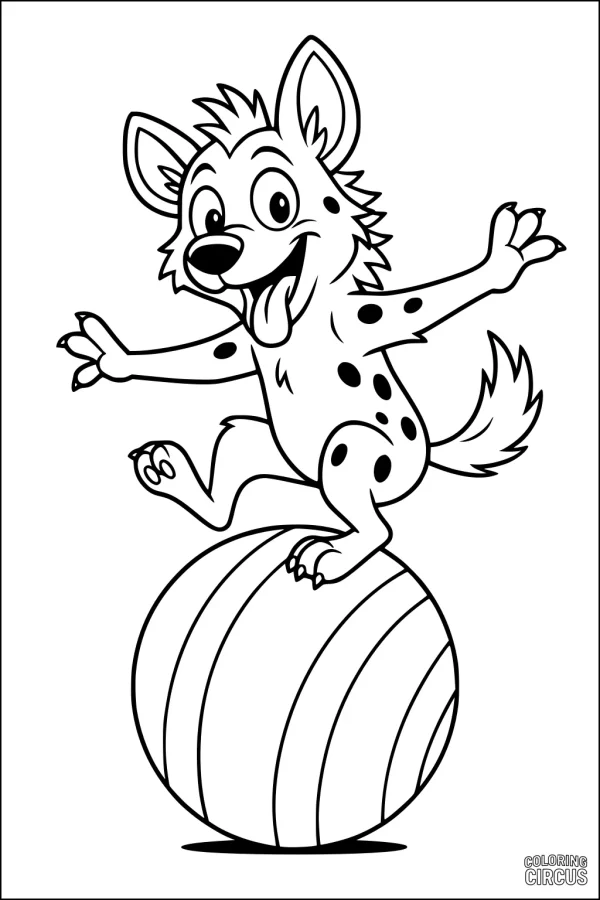 Coloring page of a happy cartoon hyena balancing on a striped ball