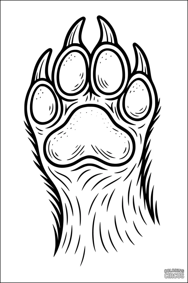 Coloring page featuring a detailed hyena paw print for kids and families