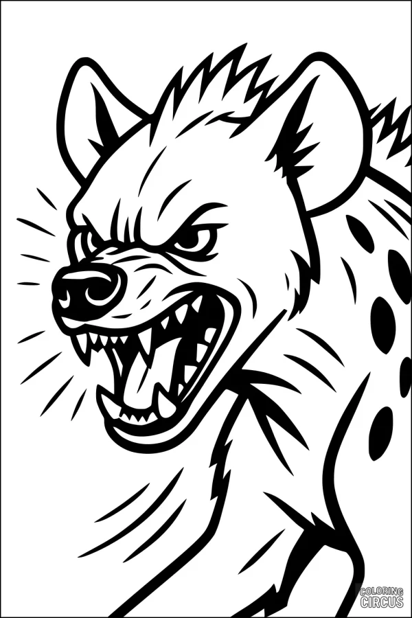 Coloring page showing a detailed snarling hyena head with bold spots and wild mane