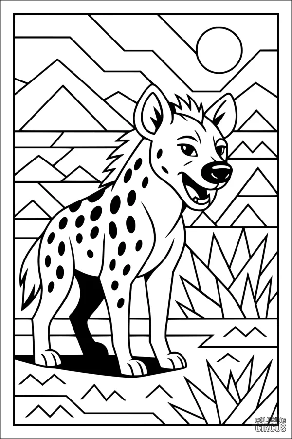 Coloring page of a friendly hyena standing in a savanna landscape, with mountains, sun, and grass.