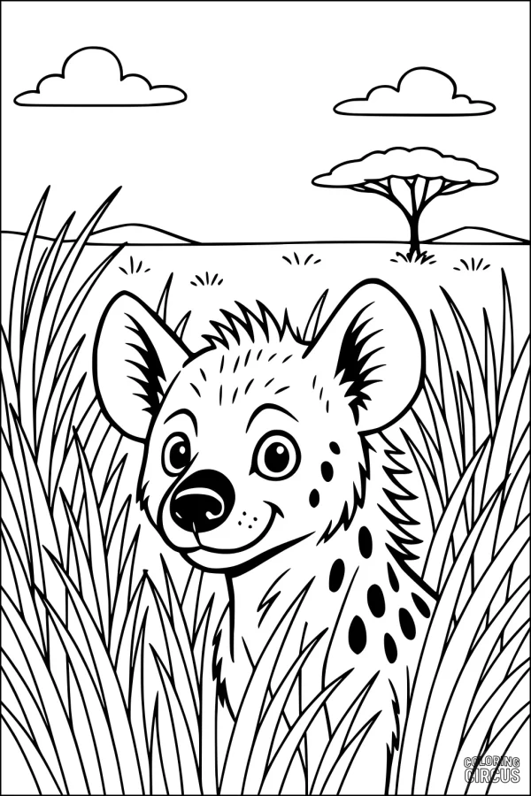Coloring page featuring a smiling cartoon hyena peeking through tall savanna grass with distant trees and clouds