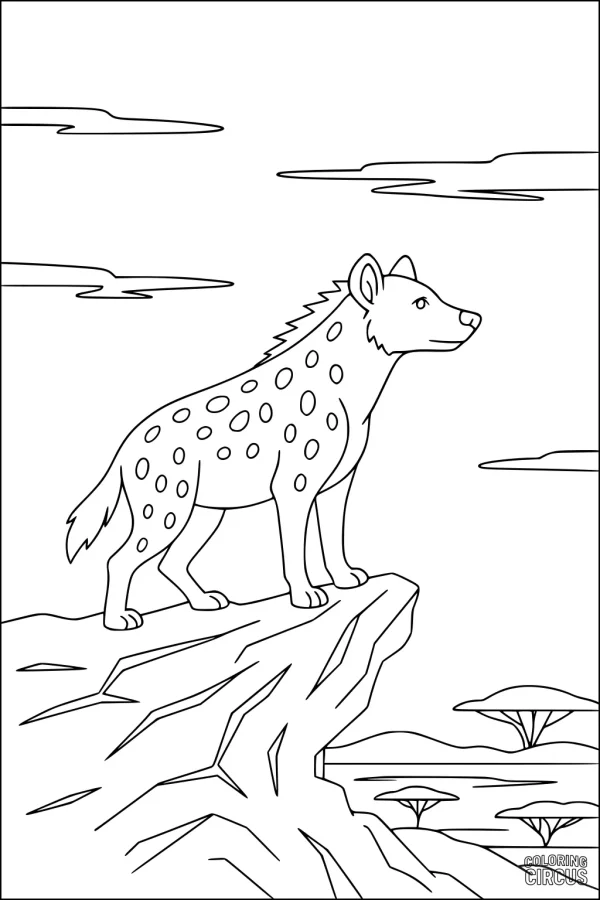 Coloring page of a hyena standing on a rocky cliff, overlooking an African savanna with trees and clouds