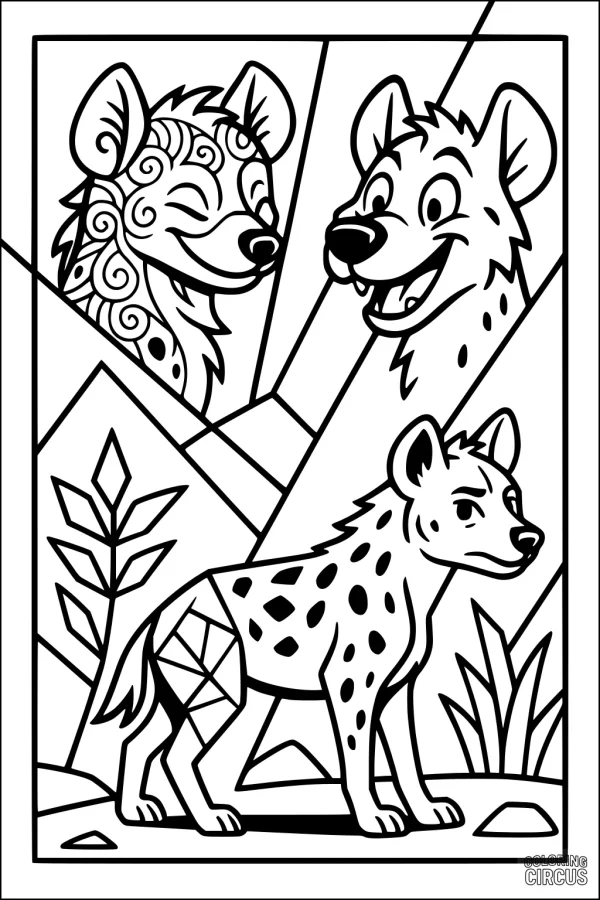 Coloring page with three cartoon hyenas, one with decorative patterns, in a savannah landscape.