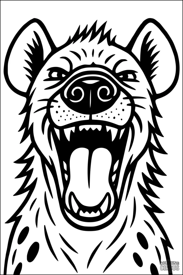 Coloring page showing a smiling hyena with mouth open and bold markings, ideal for animal enthusiasts