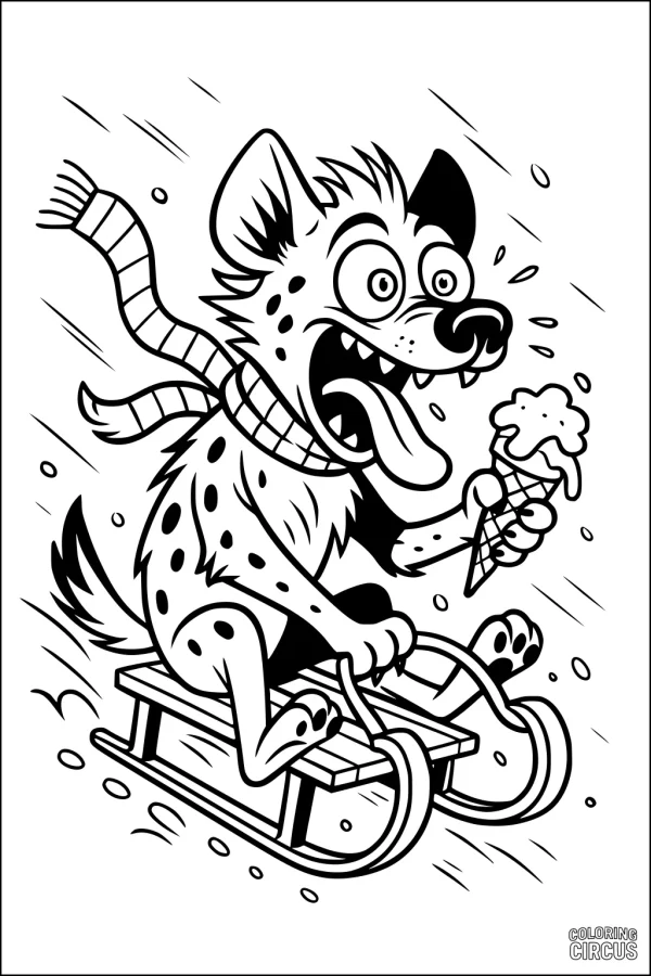 Coloring page of a cartoon hyena sledding with an ice cream cone