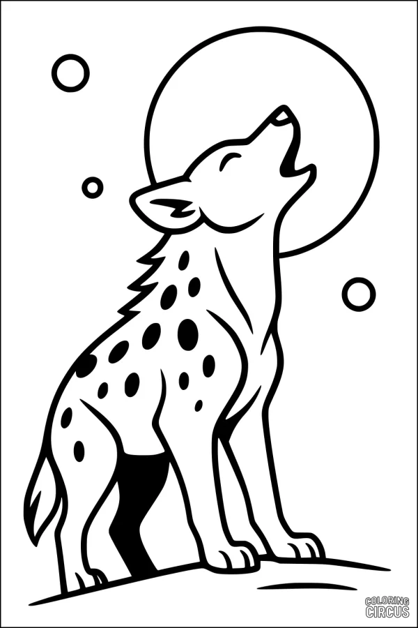 Coloring page of a cartoon hyena howling at the moon with round spots and a background of circular shapes