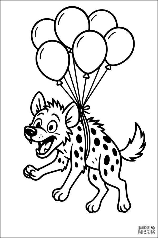 Coloring page of a cartoon hyena floating with helium balloons