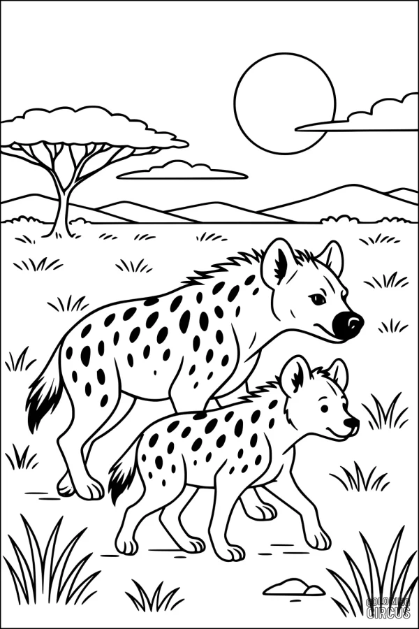 Coloring page with two hyenas walking in an African savanna, sun in the background, acacia tree and grasses.