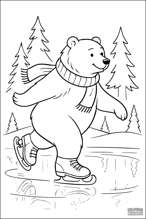 Coloring page of a cute bear ice skating with trees in the background