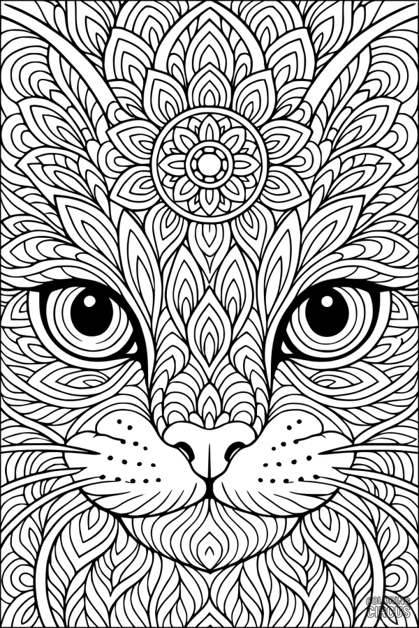 Coloring page intricate cat face with floral mandala patterns, highly detailed for older children and adults