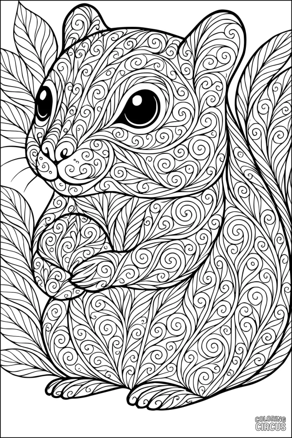 Coloring page with a detailed chipmunk surrounded by swirling leaf patterns