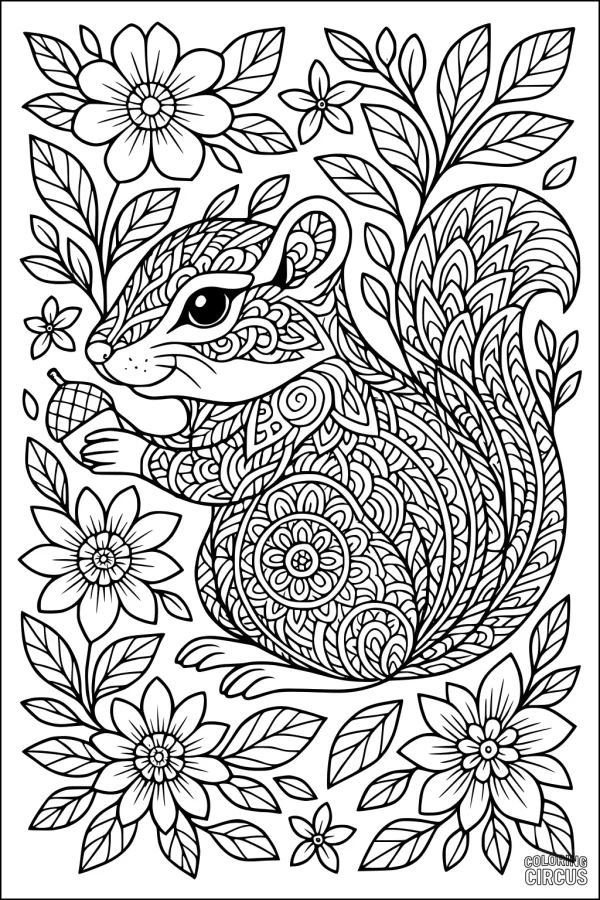 Coloring page featuring an intricate chipmunk surrounded by detailed flowers and leaves