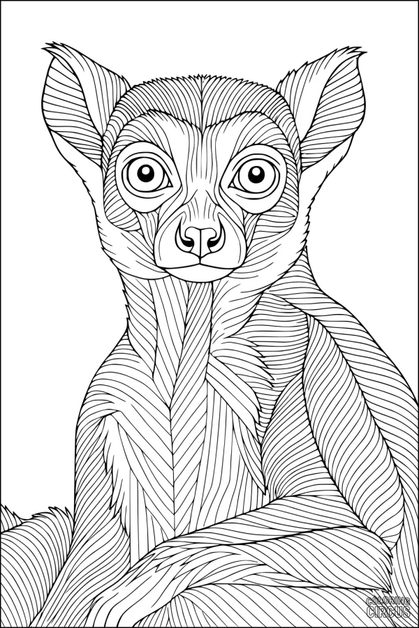 Coloring page featuring a detailed lemur with patterned fur, designed for older children and adults