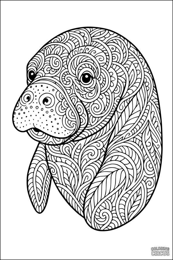 Coloring page featuring an intricately patterned manatee with swirling and leafy designs