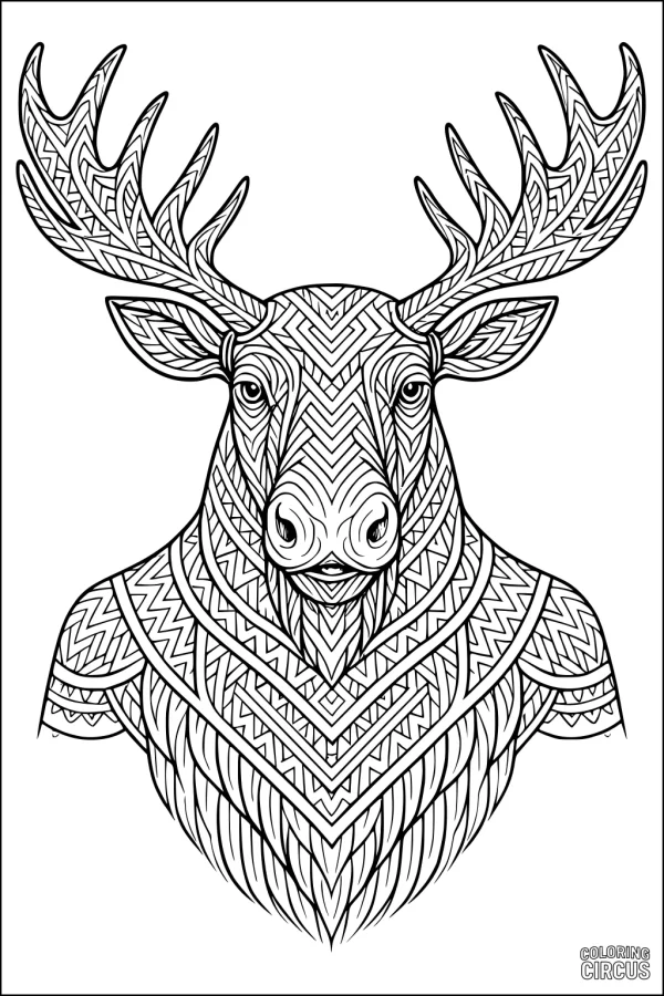 Coloring page featuring a detailed moose head with geometric patterns