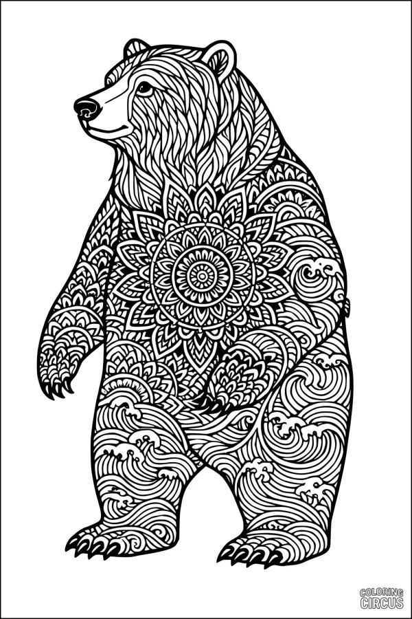 Coloring page of a bear filled with intricate mandala and swirl patterns
