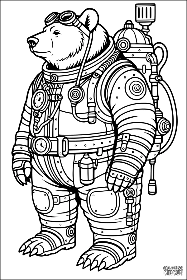 Coloring page featuring a bear in a detailed steampunk spacesuit, with gadgets and mechanical parts