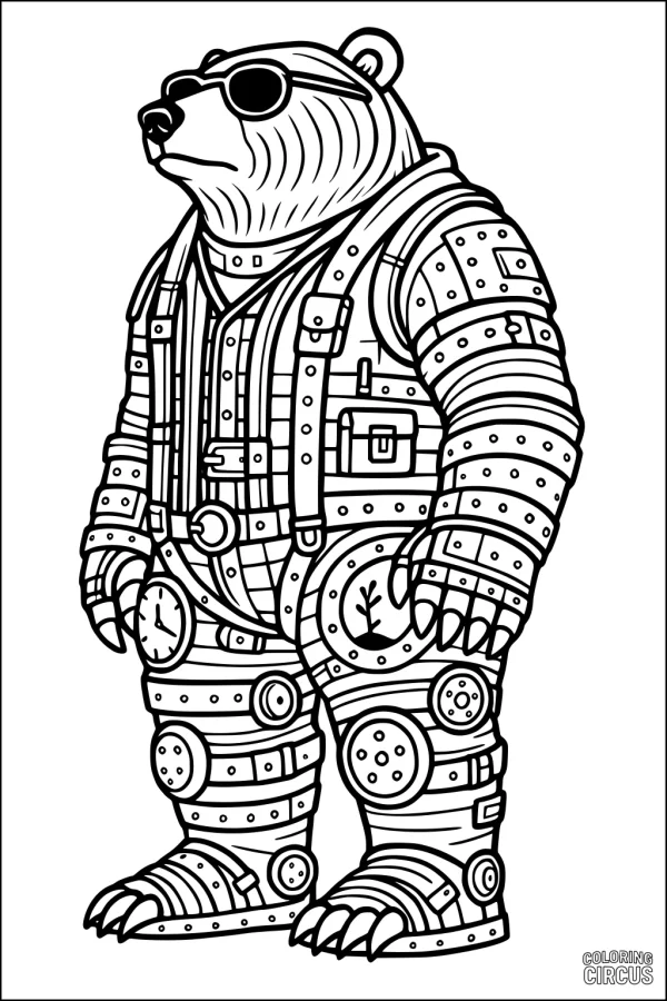 Coloring page of a bear wearing an elaborate steampunk gadget suit with gears, clocks, and accessories