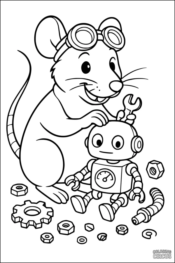 Coloring page of a cartoon inventor rat with goggles building a robot with gears and nuts