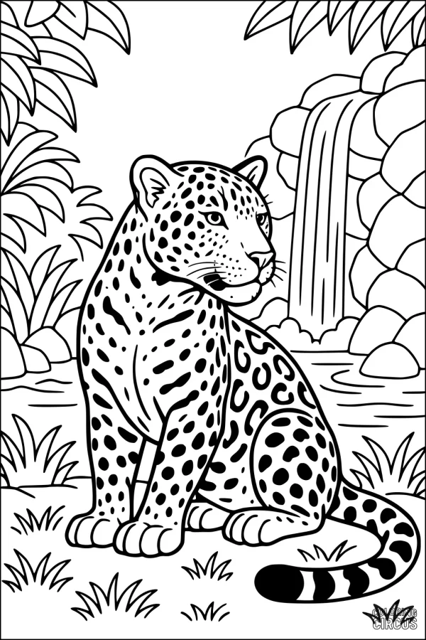 Coloring page showing a jaguar sitting near a jungle waterfall, surrounded by plants and rocks