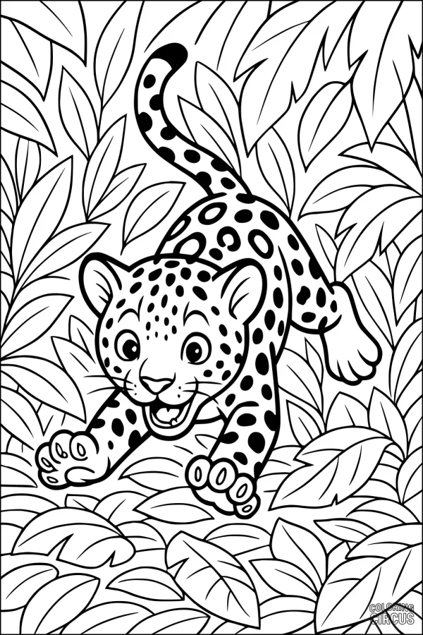 Coloring page featuring a playful jaguar cub in a jungle with lots of leafy plants
