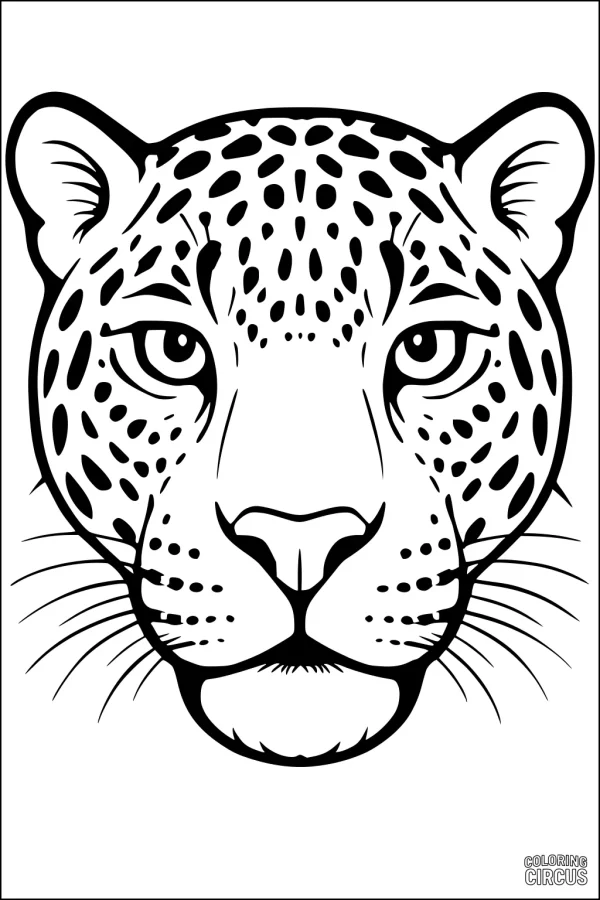 Coloring page featuring a detailed front view of a jaguar's face with bold spots and expressive eyes