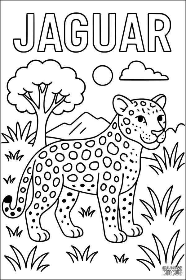 Coloring page showing a cartoon jaguar standing in a grassy forest with a tree, mountains, clouds, and sun in the background