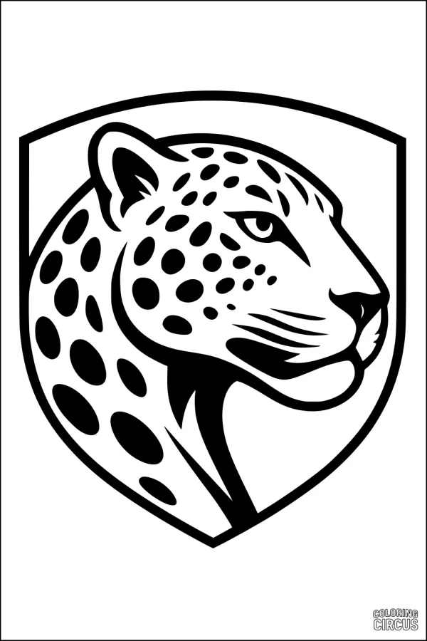 Coloring page jaguar head with bold spots and shield border